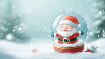 Festive Santa Snow Globe on Pastel Background - Christmas Holiday Concept with Copy Space
