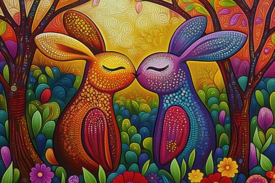 a painting of two rabbits kissing in the woods