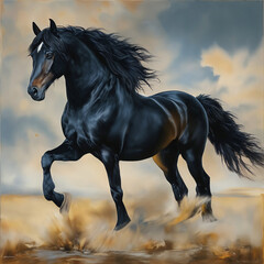 Black horse, full figure, artistic style, gallops freely