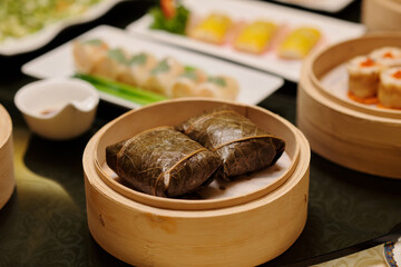 Chinese cuisine serving on wooden plates in the restaurant