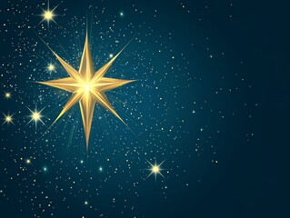 Golden star shines brightly in a dark night sky full of twinkling stars, creating a beautiful and serene celestial scene.