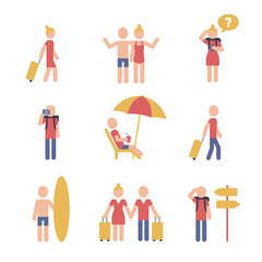 Man and woman travel pictogram icons. 