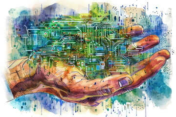 An artistic representation showing a hand supporting a lively circuit board, highlighting the fusion of art and technology