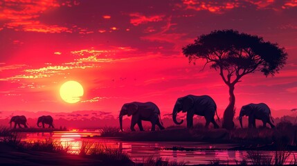 Fototapeta premium Silhouetted Elephants at Sunset Over a Waterway