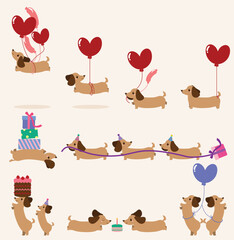 Set of Dachshund dogs, cute and party characters, flat and colorful illustration.