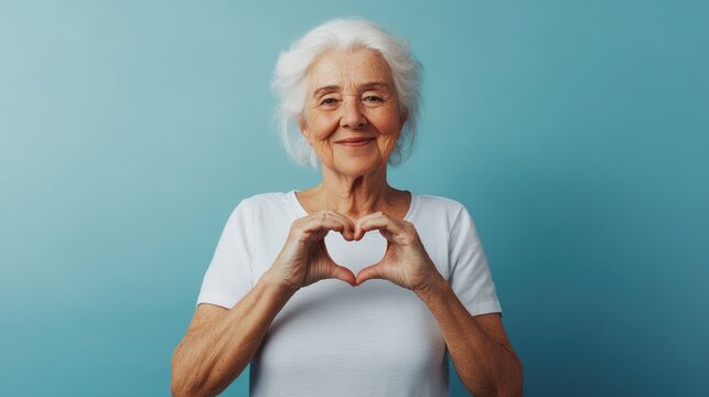 The elderly woman showing heart