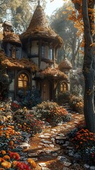 Fototapeta premium Enchanted Cottage in Autumn Forest: A Dreamlike Escape