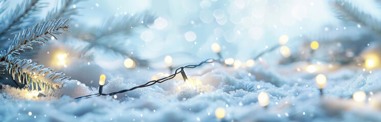 White snow and glowing christmas lights, creating an enchanting festive atmosphere for New Year-themed designs.