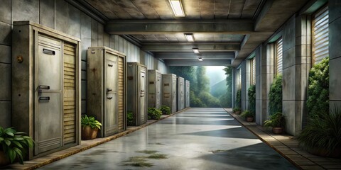 Obraz premium Covered walkway with symmetrical columns and greenery.