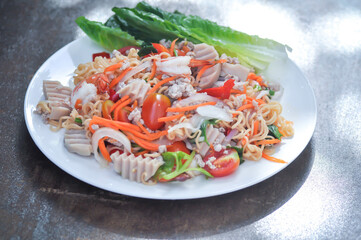 noodles or noodles without soup, spicy noodles or noodles salad or shrimp salad