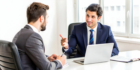 Candid moment of a manager giving feedback to an employee in a private office concept as A candid shot of a manager giving feedback to an employee in a private office. The camera captures the construc