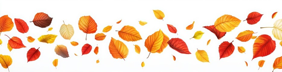 Obraz premium Autumn seamless border with colored autumn leaves on white background. Decorative elements for decoration on the edge of the leaves. Colorful fall nature design element for season celebration