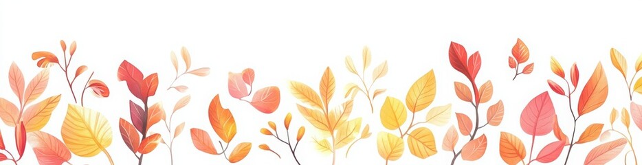 Fototapeta premium Autumn seamless border with colored autumn leaves on white background. Decorative elements for decoration on the edge of the leaves. Colorful fall nature design element for season celebration