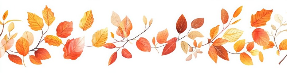 Obraz premium Autumn seamless border with colored autumn leaves on white background. Decorative elements for decoration on the edge of the leaves. Colorful fall nature design element for season celebration