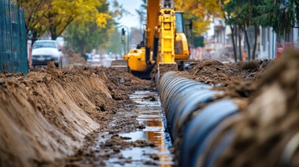 Excavator Installing Large Pipes During Road Construction