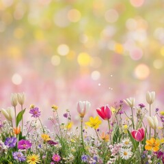 Vibrant Spring Meadow with Blooming Flowers and Bokeh Background