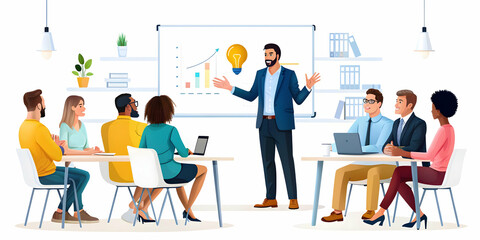 Flat Employee candidly presenting ideas during a team meeting concept as A candid shot of an employee presenting ideas during a team meeting. The camera captures the employees enthusiasm and the atten