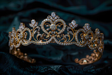 Obraz premium Ornate Renaissance crown with gold floral motifs and gemstones, highlighted against rich velvet backdrop.