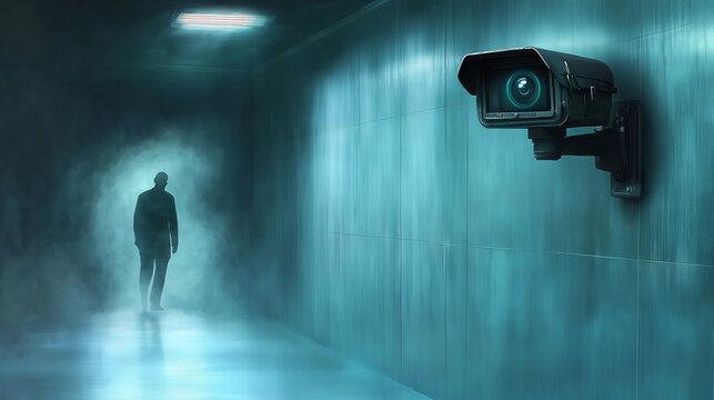 CCTV camera in a dark, misty hallway with a shadowy figure walking away