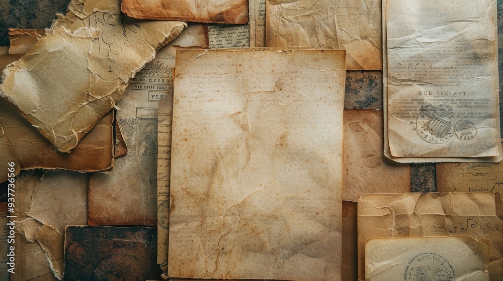 Poster A stack of vintage papers resting on a surface, suitable for use in historical or nostalgic settings