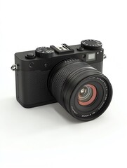 Black digital camera with lens isolated on white background.
