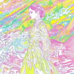 a woman in a long dress standing in front of a colorful background