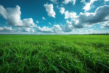 Obraz premium Beautiful natural scenic panorama green field of cut grass into and blue sky with clouds on horizon Perfect green lawn on summer sunny day