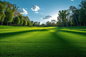 Beautiful natural scenic panorama green field of cut grass into and blue sky with clouds on horizon Perfect green lawn on summer sunny day