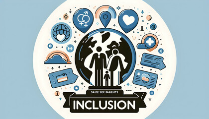 same sex parents Globe with Inclusion Text concept as An isolated vector of a globe with two icons representing same sex parents and the word Inclusion in a modern font. This design symbolizes global 