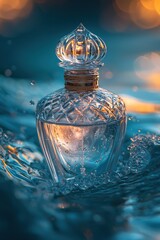 Elegant Glass Perfume Bottle Surrounded by Water Droplets