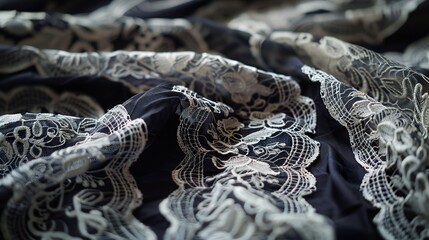Elegant Black Lace Fabric with White Embroidery: Close-Up Texture