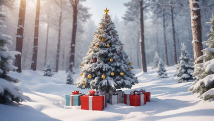 Fototapeta premium New year celebration holiday concept. christmas tree in winter forest