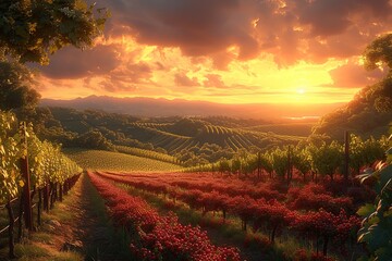 Naklejka premium Charming Vineyard at Sunset - A charming vineyard bathed in the warm glow of sunset Digital Illustration Part#100623