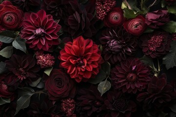 A dramatic bouquet of deep red and burgundy flowers © PixeloAI