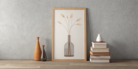 Minimalist decor with a framed botanical print and vases.