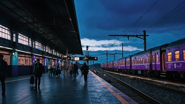 Video footage of  train station during dawn, given the blue hue of the sky and the artificial lighting in the scene