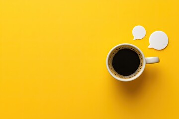 Black coffee in a white cup on a yellow background with a thought bubble above the coffee, minimalistic, simple and clean. Wallpaper, background, banner