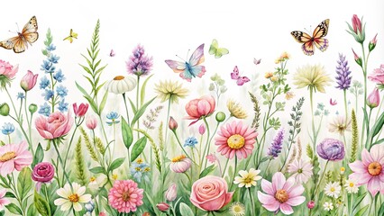Watercolor seamless floral border with spring pink flowers, summer wild grass, field herbs, and butterflies