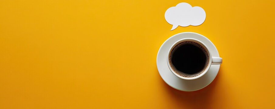 Black coffee in a white cup on a yellow background with a thought bubble above the coffee, minimalistic, simple and clean. Wallpaper, background, banner