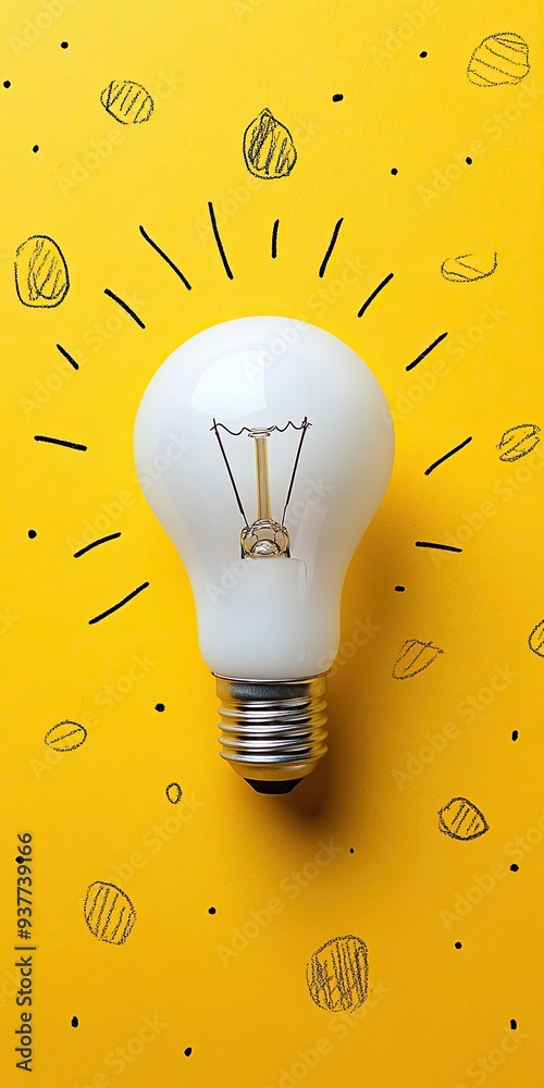 Poster white light bulb on a yellow background with a simple doodle, conveying the concept of an idea and i