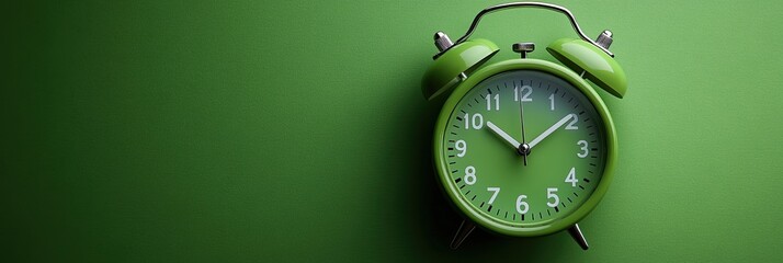 Green alarm clock on a green background, flat lay, top view, copy space concept. Wallpaper, background, banner