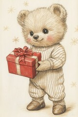 Teddy bear character with a red present on a holiday background cozy and festive mood.