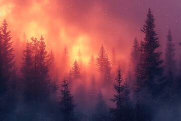 Cloudy landscape: fir forest in retro style, generative IA