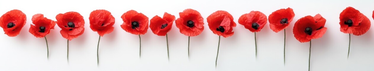 Obraz premium Bright Red Poppies in a Horizontal Arrangement Against a White Background