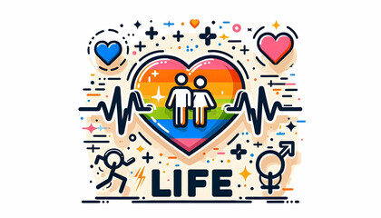 same sex parent Heartbeat with Life Text concept as An isolated vector of a heartbeat line with two icons representing same sex parents and the word Life in an energetic font. This design represents t