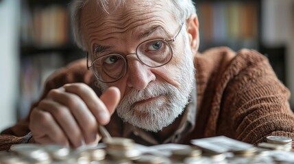 Senior man at home counting coins