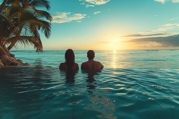 Couple enjoying beach vacation holidays at tropical resort with swimming pool and coconut palm trees near the coast with beautiful landscape