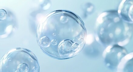 
A close-up of clear, transparent bubbles floating in the air on a light blue background.   