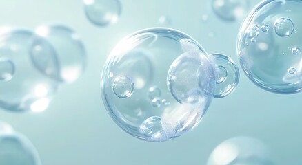 
A close-up of clear, transparent bubbles floating in the air on a light blue background.   