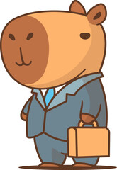 Funny capybara businessman character wearing a suit, holding a briefcase vector cartoon illustration